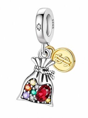 💎 925 Money Bag Charm with Colorful CZ & Gold Coin-NWT
